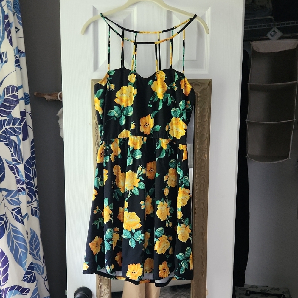 VENUS Black Dress with Yellow Floral Design